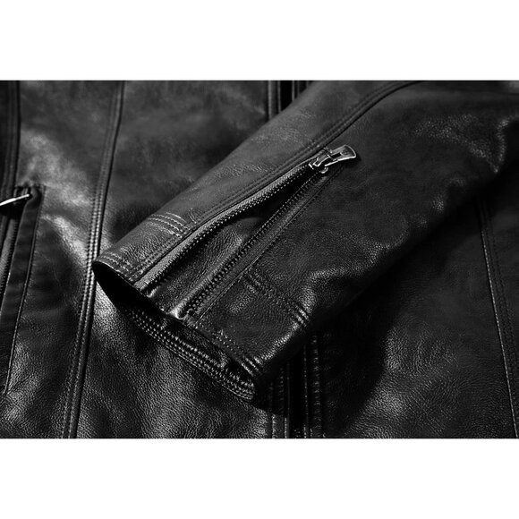 Brand New Men's Black Leather Stand Collar Moto Biker Zip Faux Jacket - Picture 5 of 7